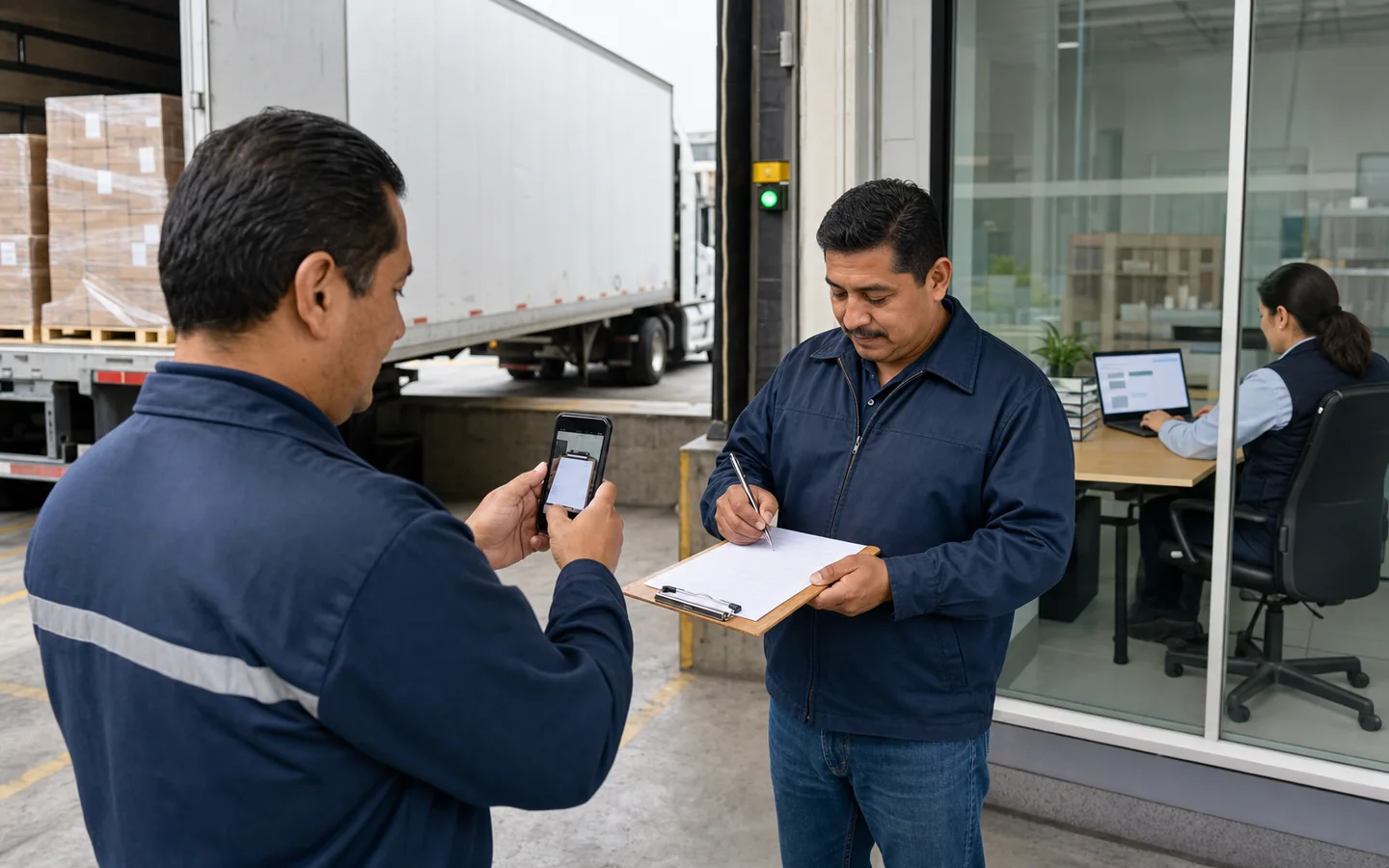 Operador documentando la entrega de carga mientras administración prepara el expediente para cobrar el flete