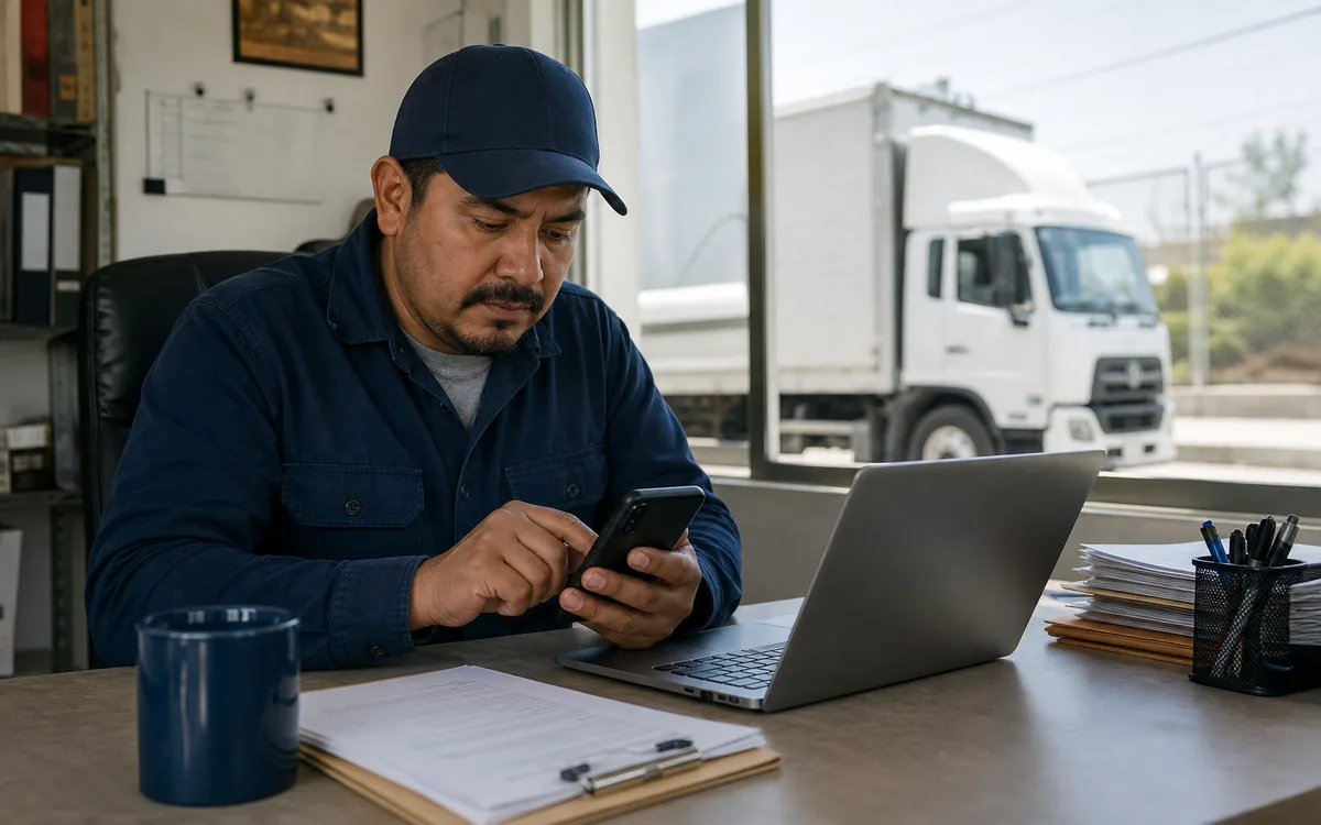 Transportista mexicano realizando un trámite digital de licencia federal desde su teléfono y computadora