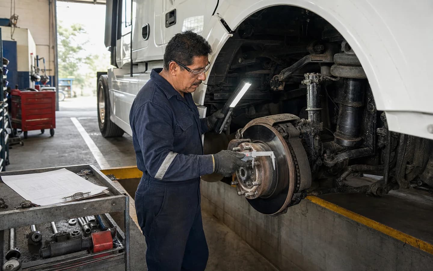 Mecánico inspeccionando frenos y suspensión de un tractocamión con una orden de mantenimiento