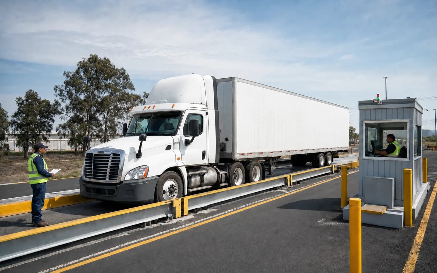 Tractocamión mexicano sobre una báscula revisando el peso total y la distribución por ejes